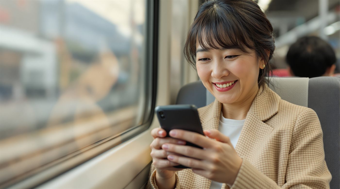 朝の通勤電車で、スマートフォンを見つめてほほえむ女性