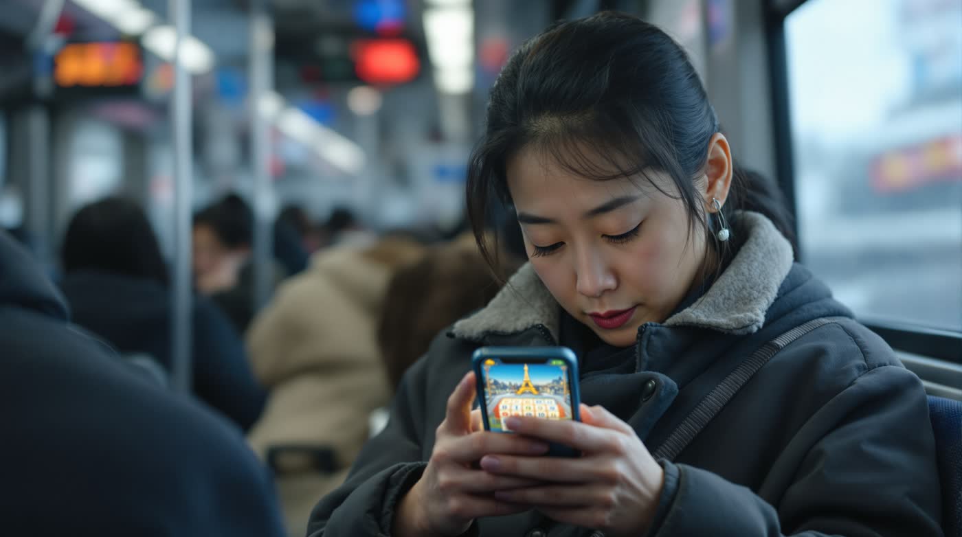 朝の通勤電車で、明るいゲーム画面が映るスマートフォンを見つめる女性